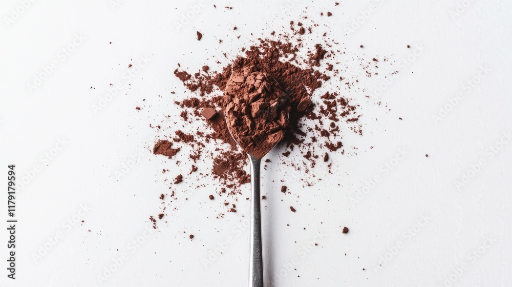 A teaspoon of cocoa powder placed upright, the powder spilling slightly on a white background for texture. A teaspoon of cocoa powder placed upright, the powder spilling slightly on a white background for texture.