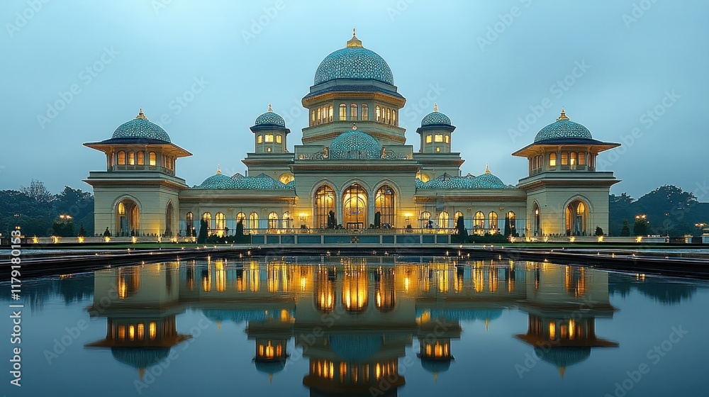 Fototapeta premium Illuminated mosque reflected in water at dawn.