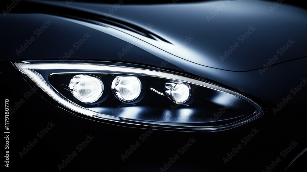 Close-up of sleek, modern car headlight illuminated in dark. Close-up of sleek, modern car headlight illuminated in dark.