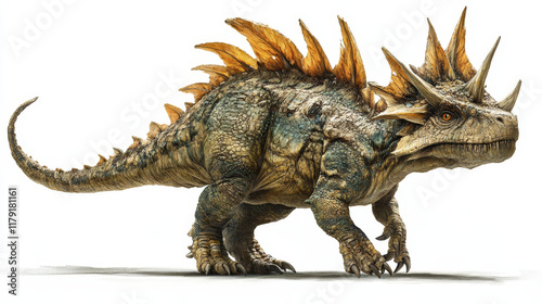 Cartoon styracosaurus dinosaur character. Isolated vector genus of herbivorous ceratopsian dino from the Cretaceous Period Campanian stage. Ancient spiky monster lizard, wild prehistoric reptile photo