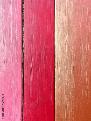 Three vertical wood panels in pink, red, and copper.