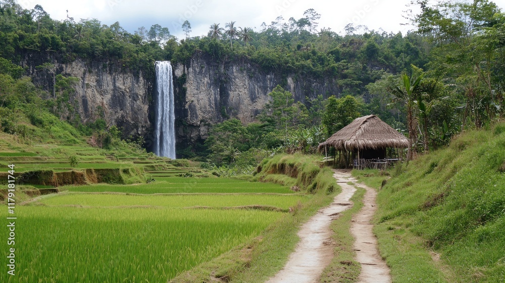 Waterfall cascading down cliff near rice paddies and hut. Waterfall cascading down cliff near rice paddies and hut.