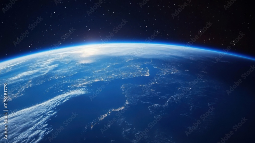 Fototapeta premium Earth viewed from space, glowing blue atmosphere, detailed continents, serene cosmic background