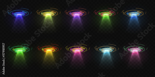 Neon spotlight effect. Set of light and glare.