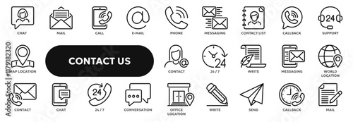 Set of vector line icons related to website's contact us section, 24 / 7 phone support and internet chat. Symbols for website or app ui, logo design, illustration