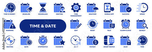 Set of vector solid icons related to time management, productivity and efficiency, calendar date schedule. Symbols for website or app ui, logo design, illustration