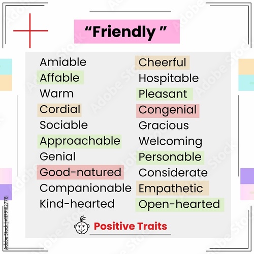 This is a pixel design illustrating various words that are similar to the word friendly, highlighting warmth and sociability. photo