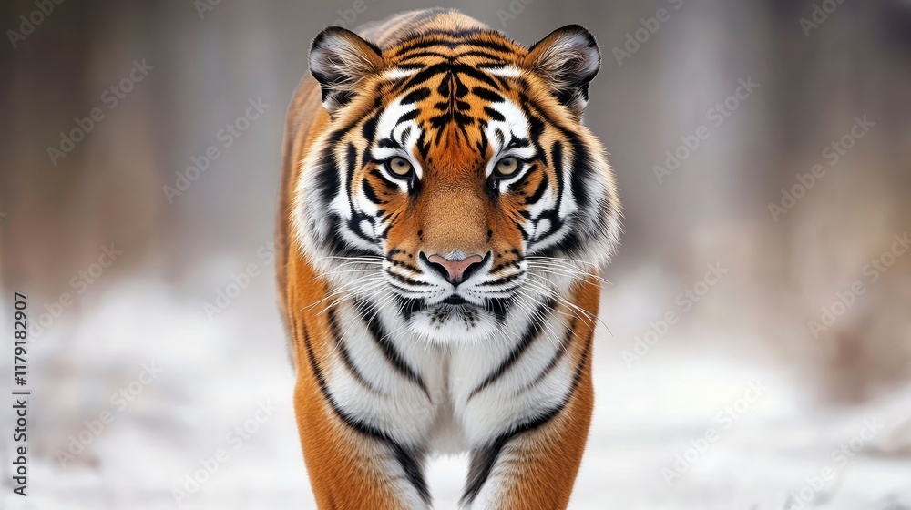 Obraz premium Tiger portrait in black and white colors, World wildlife day concept, spectacular majestic proud animal walking forward, wide low key toned banner background with panthera tigris and empty copy space 