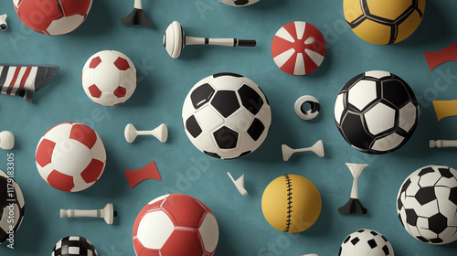 Sporting items seamless patterns set with balls for soccer or football, basketball, volleyball, rugby, baseball, bowling and tennis, hockey puck, dumbbell, racing flag, target and ninepins photo