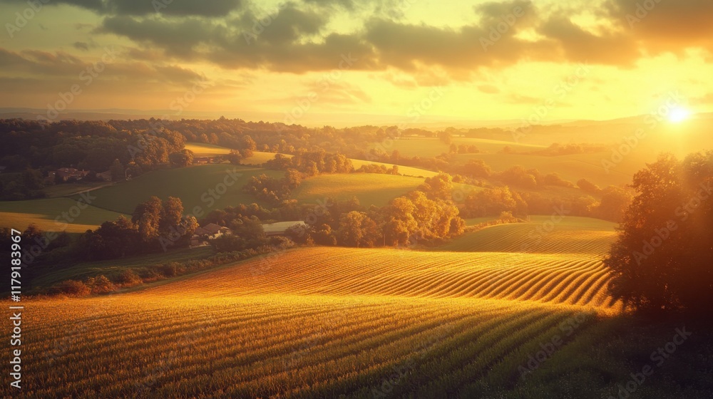 rural landscape with farm fields, sunset light, rolling hills, warm tones, rich textures, serene countryside, peaceful scene, golden hour, idyllic view rural landscape with farm fields, sunset light, rolling hills, warm tones, rich textures, serene countryside, peaceful scene, golden hour, idyllic view