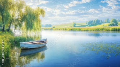Serene sunrise over calm lake with a small boat moored near a weeping willow tree.