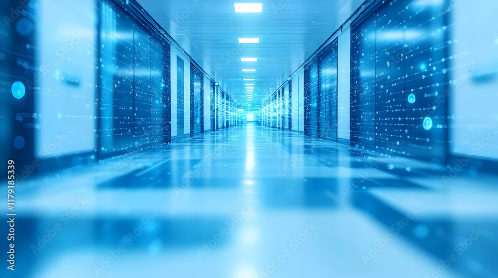 Digital Data Flowing Through Futuristic Corridor with Blue Lighting Effects Digital Data Flowing Through Futuristic Corridor with Blue Lighting Effects