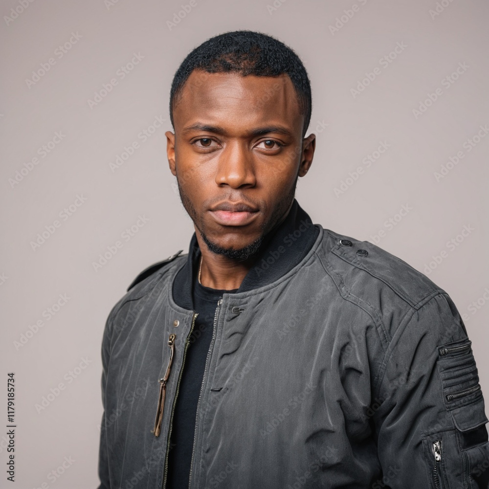Obraz premium Portrait of fashionable black man in jacket isolated on plain background