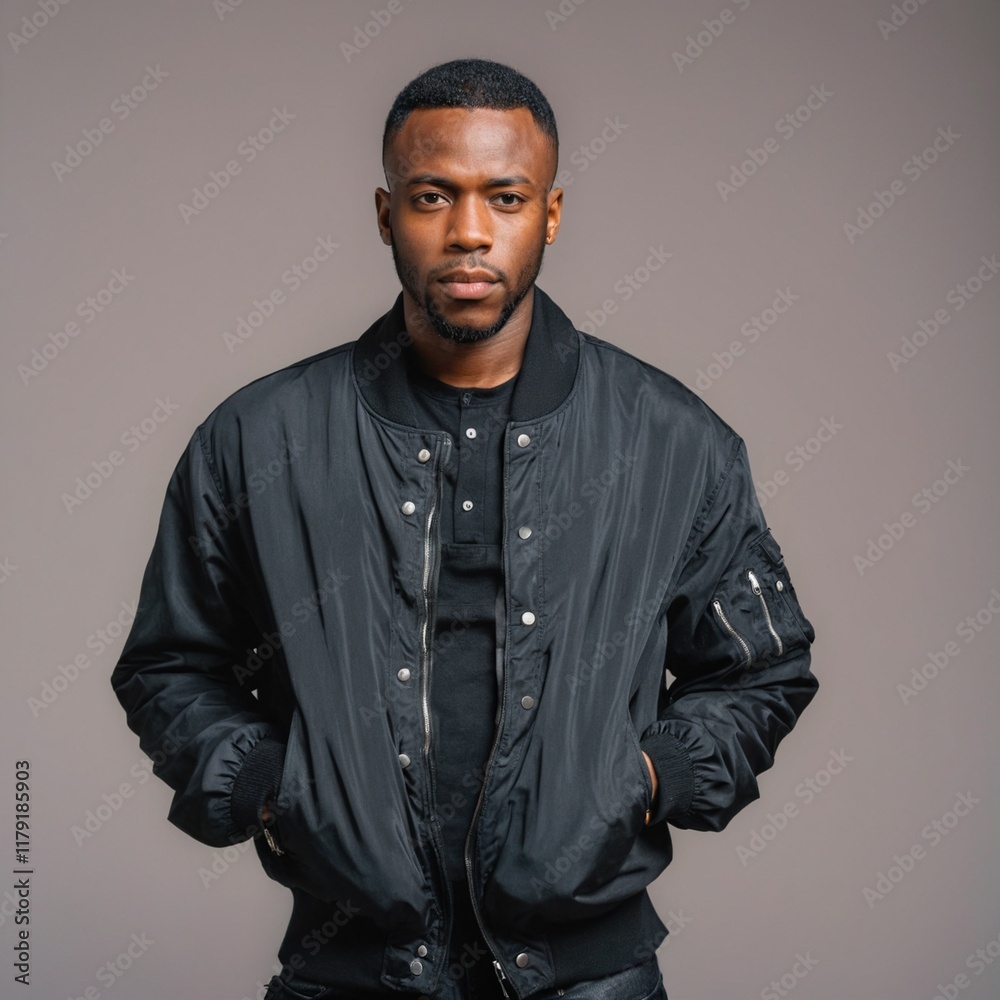 Obraz premium Portrait of fashionable black man in jacket isolated on plain background