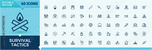 Survival Tactics icons set in linear style. Contains related to escape, door, map, tracking, rescue, rope, safety. Flat UI icon design. Solid line editable stroke. Vector line and solid icons.