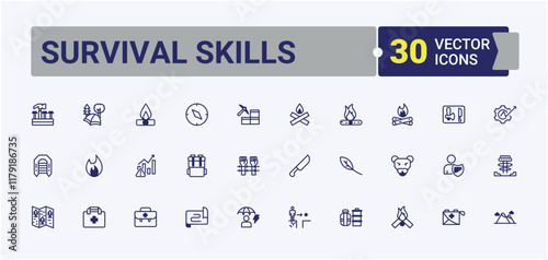 Survival Skills Beverage minimal icon set. Related to fire, camp, hunting, disaster, danger, rope and more. Isolated icons design. Solid line editable stroke.