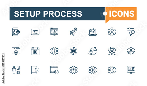 Setup Process Beauty linear icon collection. It contains symbols to settings, equipment, install, mechanism, maintenance, rebuild and more. Minimal icons. Solid line editable vector illustration.