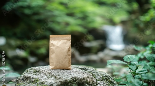 500g kraft tea bag placed on a stone bench near a bubbling spring, with blurred lush greenery in the background. photo