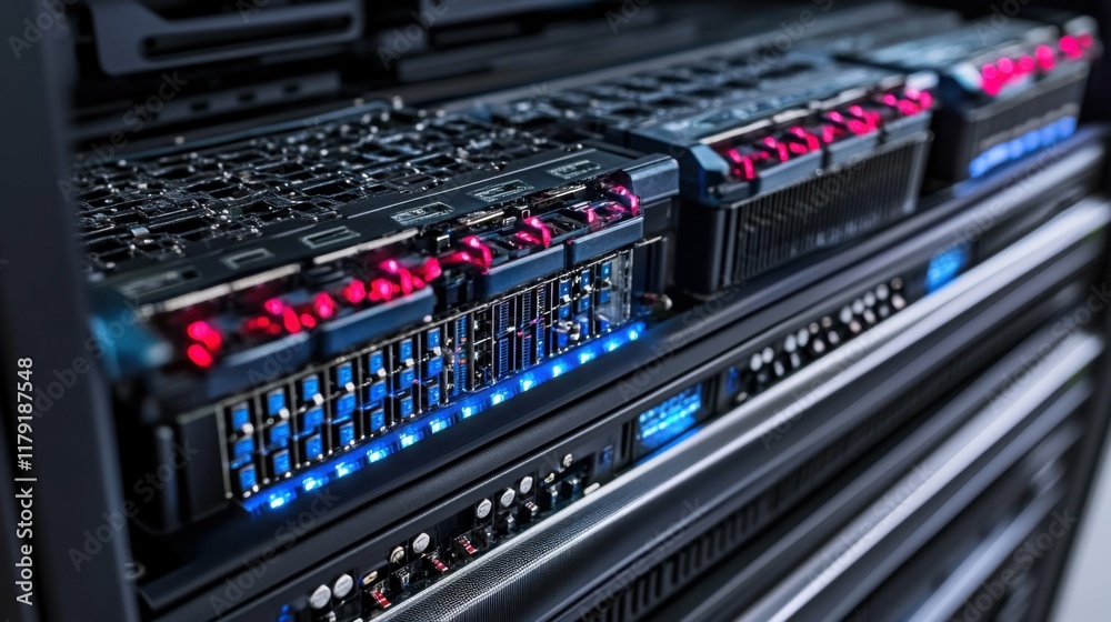 close-up of a server's internal components, advanced and precise technology, vibrant lighting, professional IT setting, modern and organized tools close-up of a server's internal components, advanced and precise technology, vibrant lighting, professional IT setting, modern and organized tools