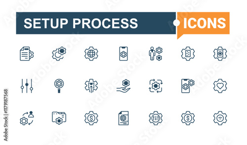 Setup Process Beauty linear icon collection. It contains symbols to settings, equipment, install, mechanism, maintenance, rebuild and more. Minimal icons. Solid line editable vector illustration.