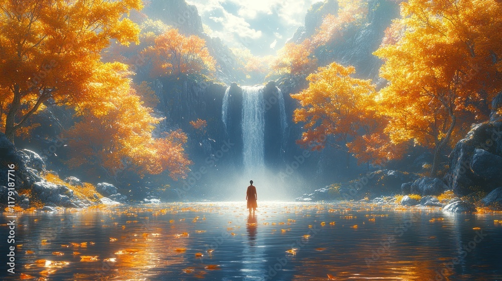 Fototapeta premium A serene landscape featuring a waterfall surrounded by vibrant autumn foliage.