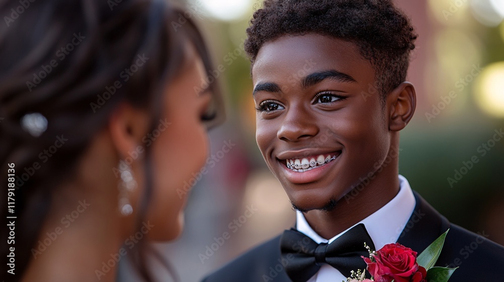 A young couple dressed elegantly, with the girl wearing a sparkling dress and the boy in a tuxedo with a boutonniere, smiling warmly, symbolizing youth, celebration, and a special occasion
A young couple dressed elegantly, with the girl wearing a sparkling dress and the boy in a tuxedo with a boutonniere, smiling warmly, symbolizing youth, celebration, and a special occasion