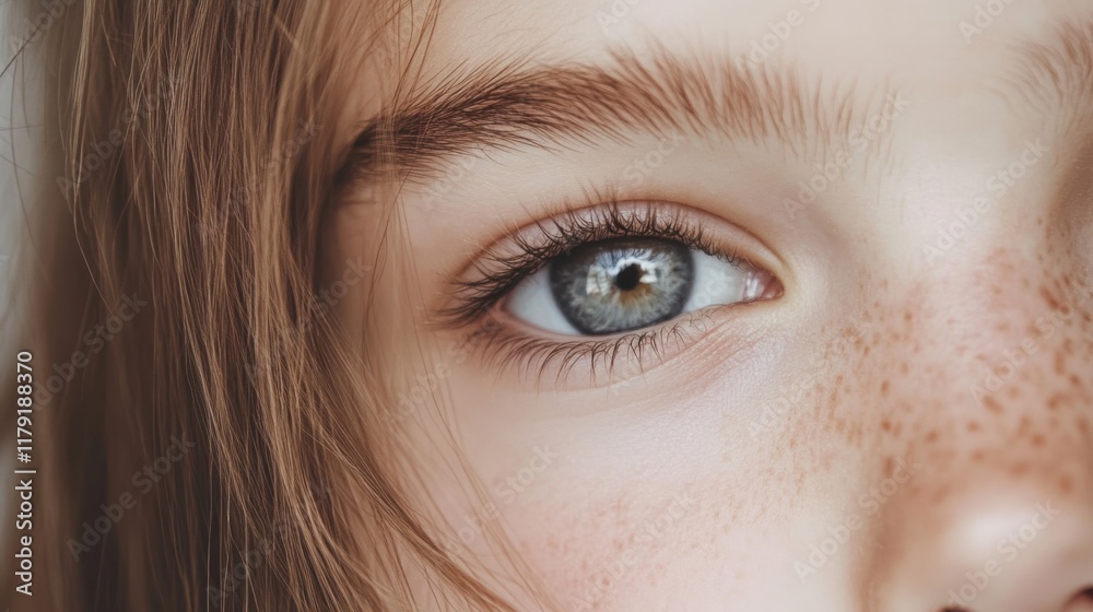 Close-up of a girl's eye with freckles. Close-up of a girl's eye with freckles.