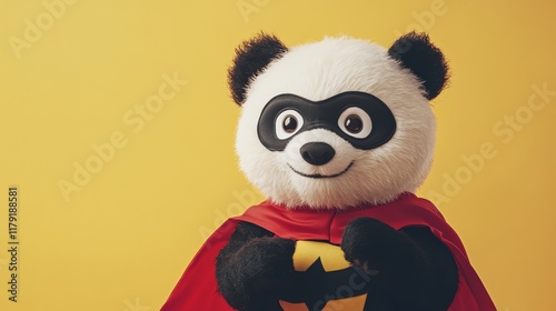 Cute panda bear wearing superhero costume and mask. Yellow background. photo