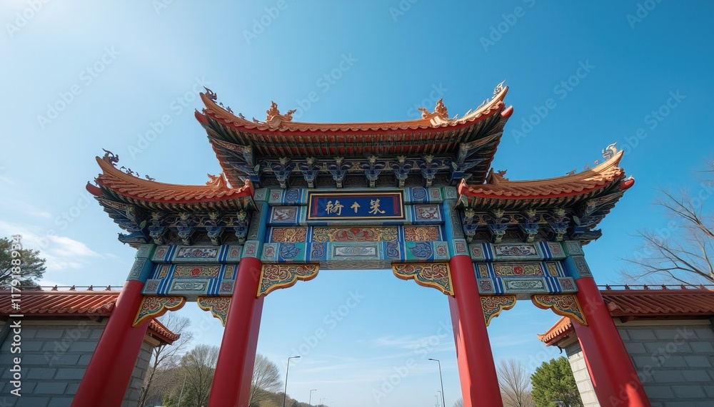 Ornate Chinese gate under blue sky with misty view. Ornate Chinese gate under blue sky with misty view.
