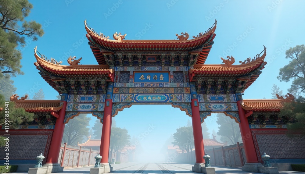 Fototapeta premium Ornate Chinese gate under blue sky with misty view.