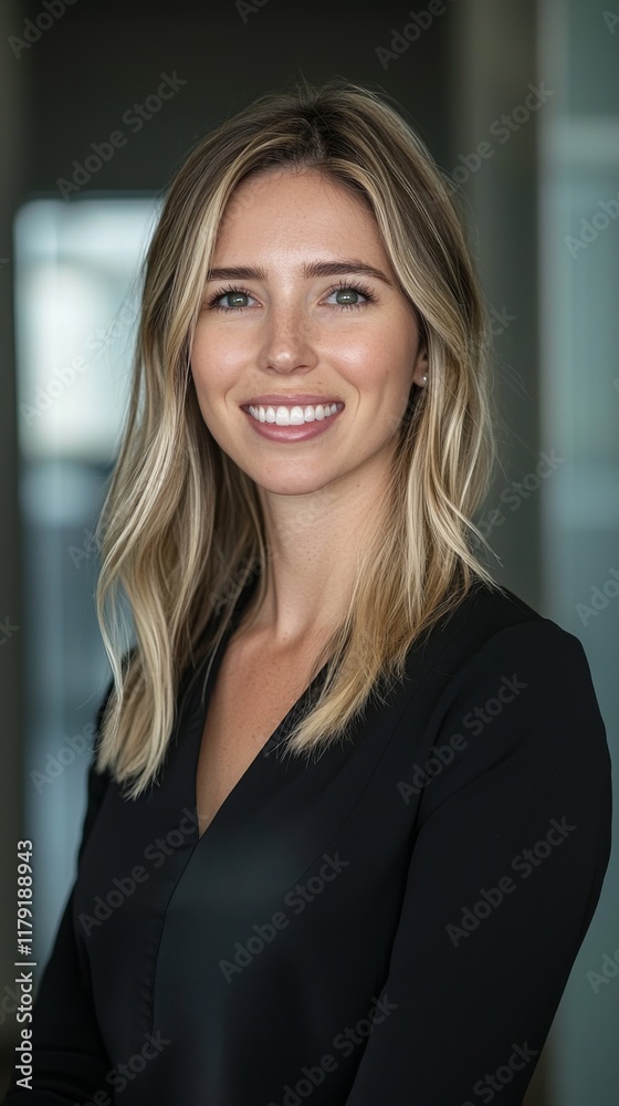 Bright smile and confident pose of a young woman in a professional setting Bright smile and confident pose of a young woman in a professional setting