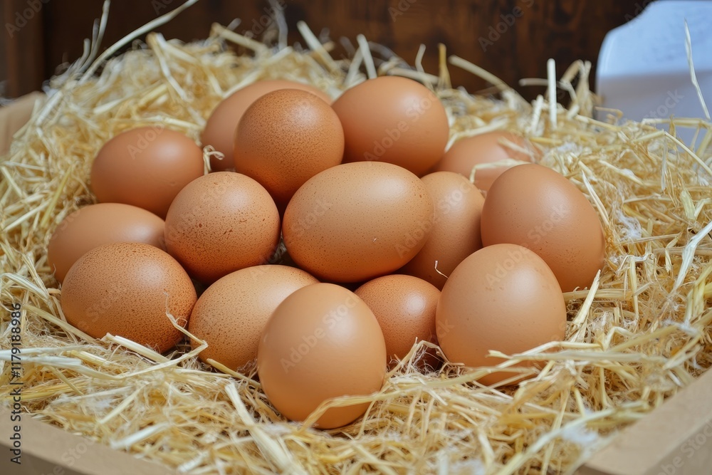 Fresh brown eggs in straw basket, market stall Fresh brown eggs in straw basket, market stall