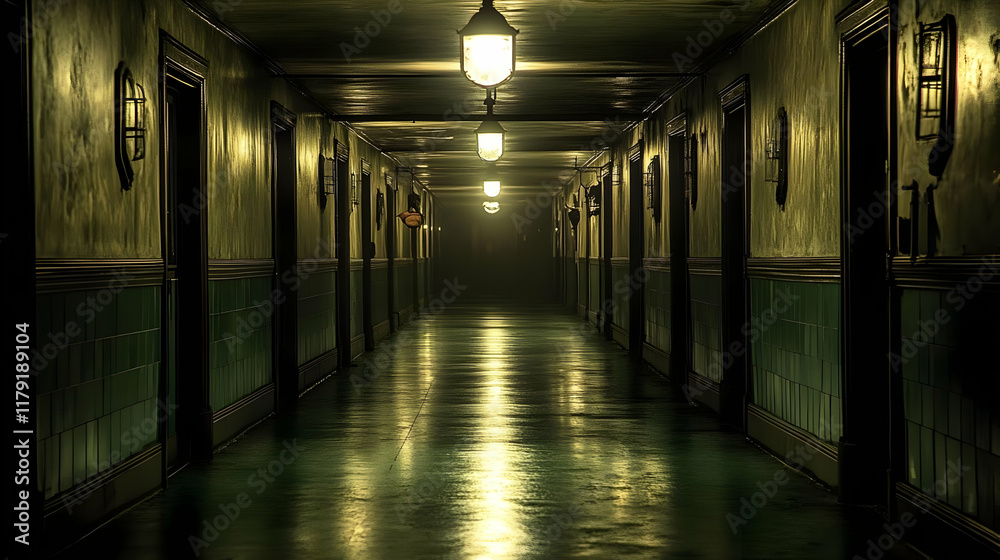Dimly Lit Long Hallway Stretches into Darkness with Green Tiled Walls and Doors Ajar