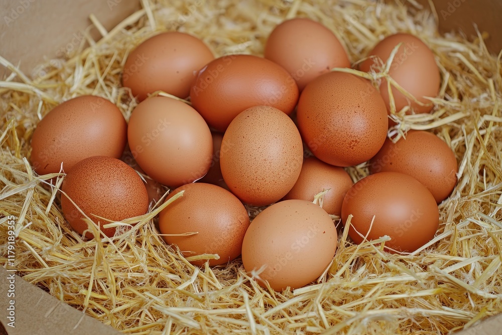 Brown eggs nestled in straw, cardboard box, rustic setting, farm fresh Brown eggs nestled in straw, cardboard box, rustic setting, farm fresh