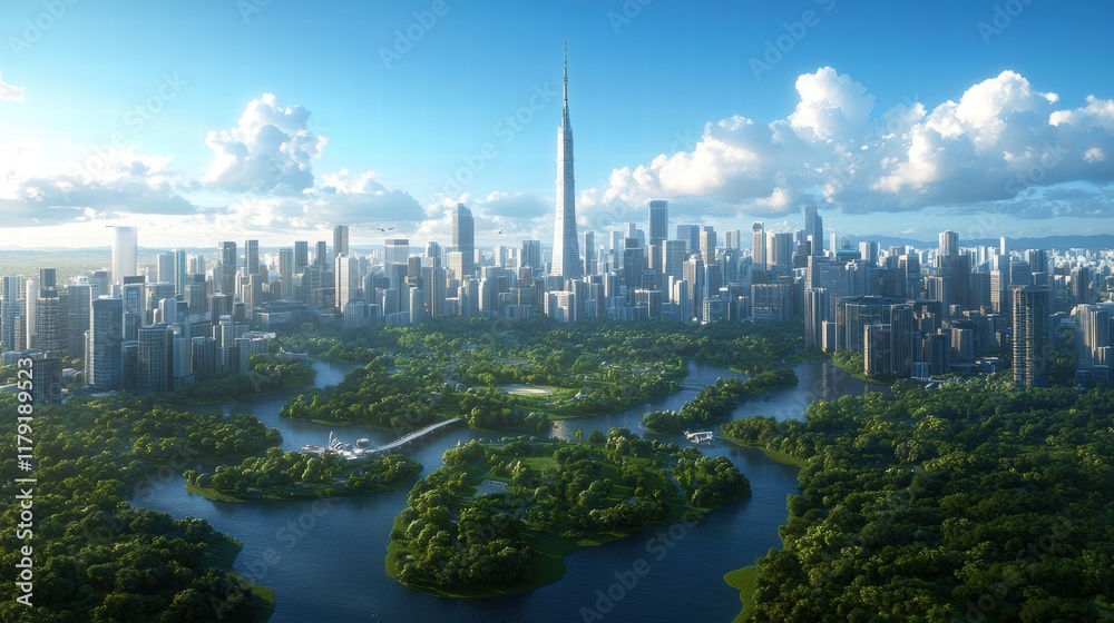 Fototapeta premium Bustling Metropolis Surrounded by Lush Greenery and Vibrant Urban Life Under Clear Blue Sky