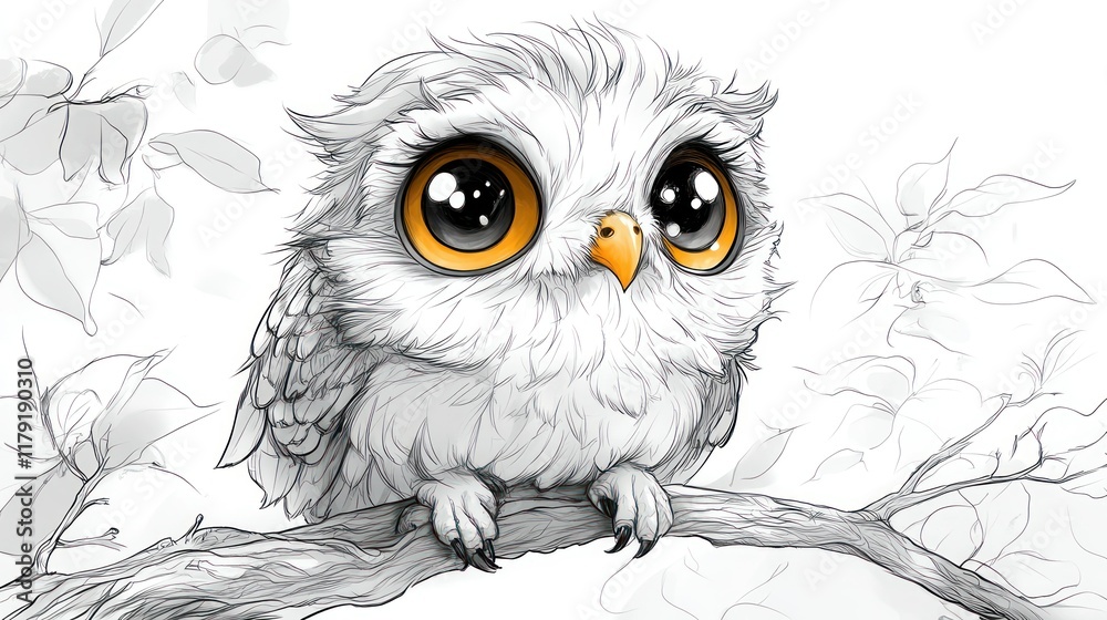 Fototapeta premium Adorable baby owl perched on a branch, large eyes.