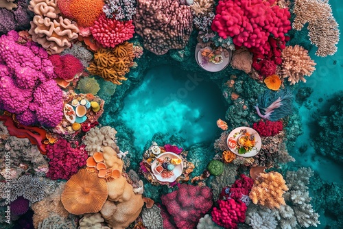 Fototapeta Naklejka Na Ścianę i Meble -  Vibrant coral reef surrounding a turquoise lagoon.  Colorful corals and diverse marine life create a stunning underwater scene. Ideal for travel, nature, and ocean themes.