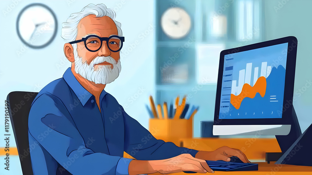 Senior Professional Analyzes Data on Computer in Modern Office, Enhancing Productivity Efficiently. Senior Professional Analyzes Data on Computer in Modern Office, Enhancing Productivity Efficiently.