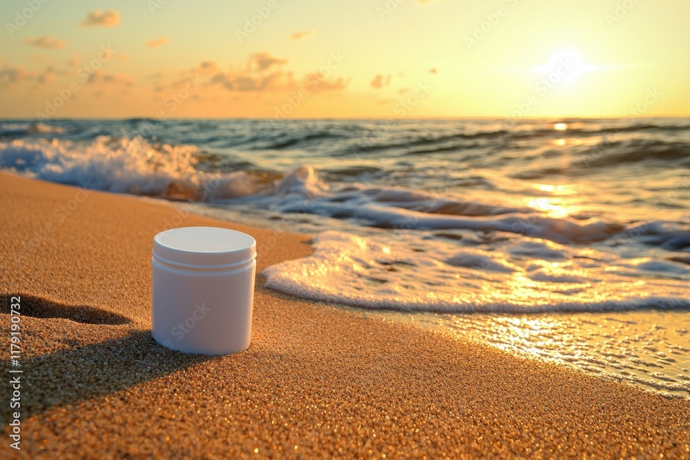 Supplement ads on a tranquil beach at sunrise showcasing a cream jar amidst soft waves perfect nature scene for relaxation and wellness marketing Supplement ads on a tranquil beach at sunrise showcasing a cream jar amidst soft waves perfect nature scene for relaxation and wellness marketing