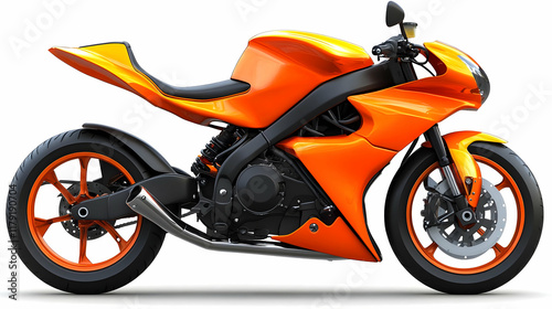 Orange and Black Motorcycle Stands on White Background, Showcasing Modern Design and Powerful Engine. photo