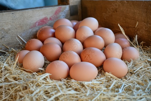 Farm fresh brown eggs in wooden crate, straw bedding, rural market photo