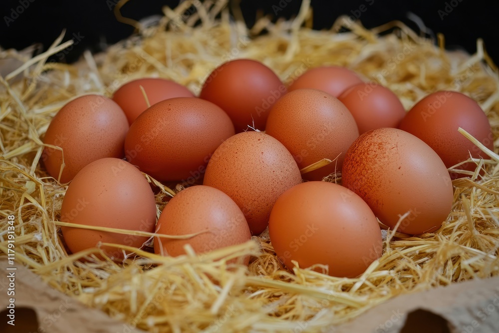 Brown eggs nest straw dark background food Brown eggs nest straw dark background food