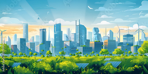 Sustainable Futuristic City with Skyscrapers, Solar Panels, Greenery, and Wind Turbines  
