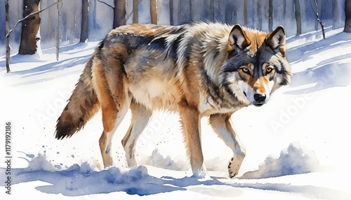 Wildlife watercolor illustration of a wolf walking through a snowy forest during the day