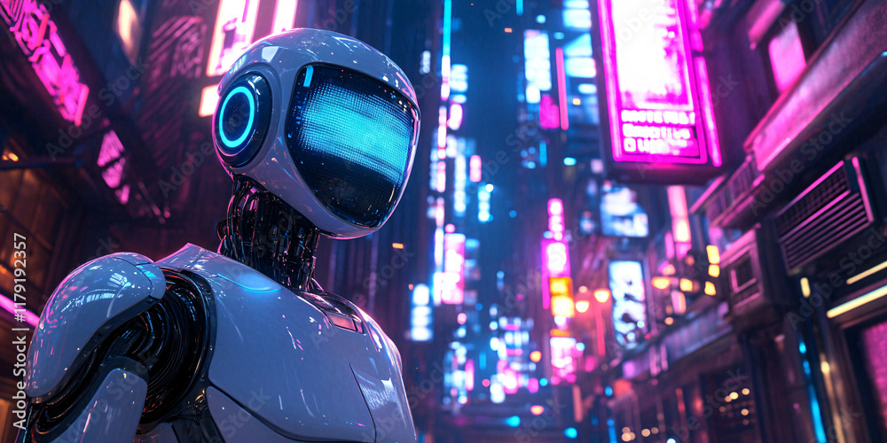 Futuristic Robot Standing in Neon-Lit Cyberpunk City at Night Futuristic Robot Standing in Neon-Lit Cyberpunk City at Night