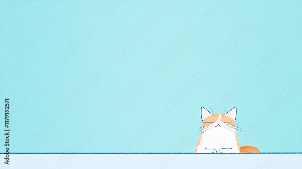 Fototapeta premium Charmingly Illustrated Cat Perched on a Light Blue Background. AI Generated