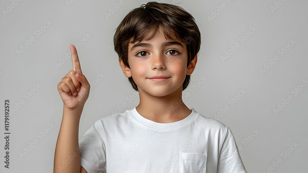 Young Boy Points Upward with Index Finger in Front of Gray Background Young Boy Points Upward with Index Finger in Front of Gray Background