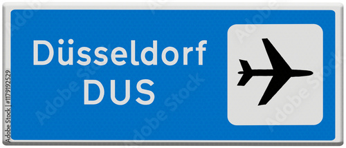 Digital composite. Road traffic sign for Dusseldorf DUS airport, one of the ten most busiest airports in Germany with regard passenger numbers...german
