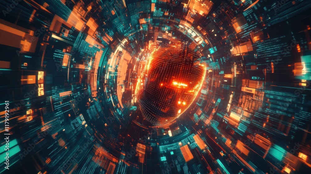 Obraz premium A high-tech AI concept with a glowing digital face surrounded by holographic visuals and data connections