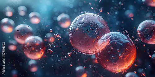 Abstract Glowing Red Spheres Floating in a Dark Blue Liquid Environment  
